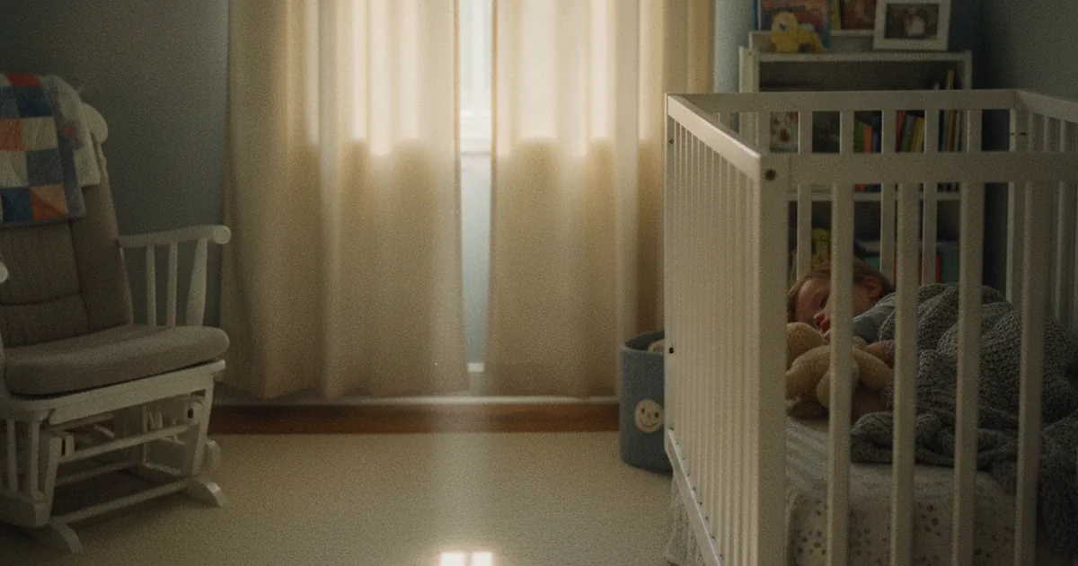 A toddler napping alone in a sunlit crib in the early afternoon while an older sibling plays quietly nearby, showing the shift from two naps a day to one