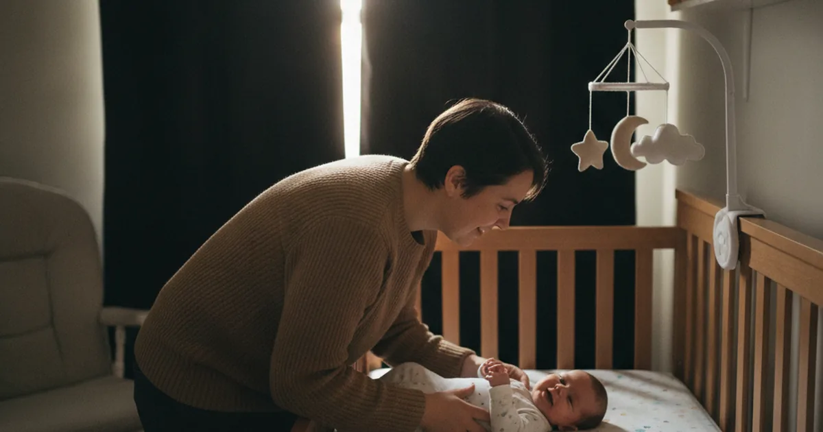 A parent gently lays a smiling 3-month-old baby down for a daytime nap in a softly lit nursery with blackout curtains glowing at the edges.