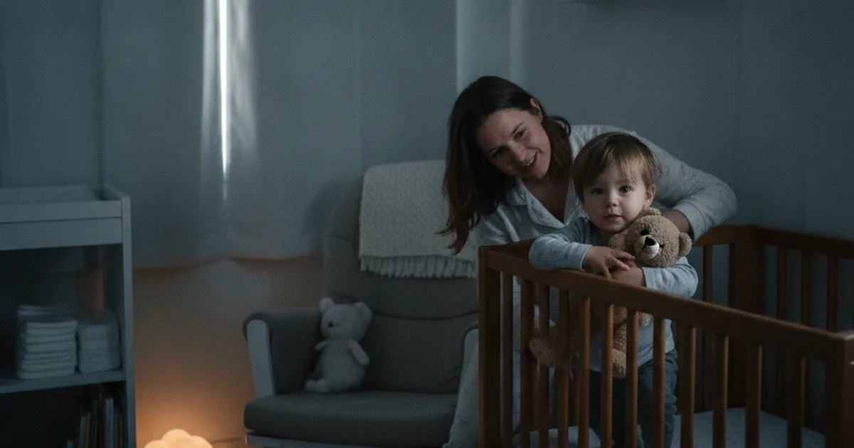A parent gently lifting a sleepy toddler in a dim, softly lit nursery in the early morning, illustrating the early waking that daylight saving time can cause