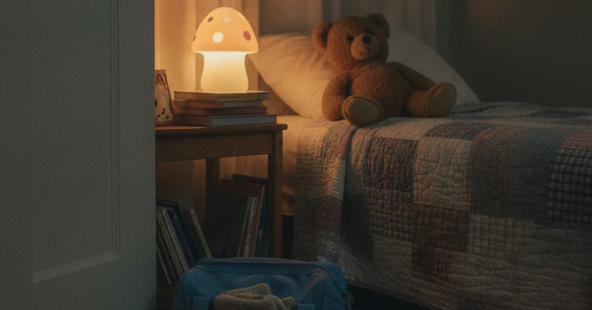 A child sleeping peacefully in a softly lit bedroom, with a small overnight bag and a favorite stuffed animal beside the bed, representing a consistent bedtime routine carried between two homes