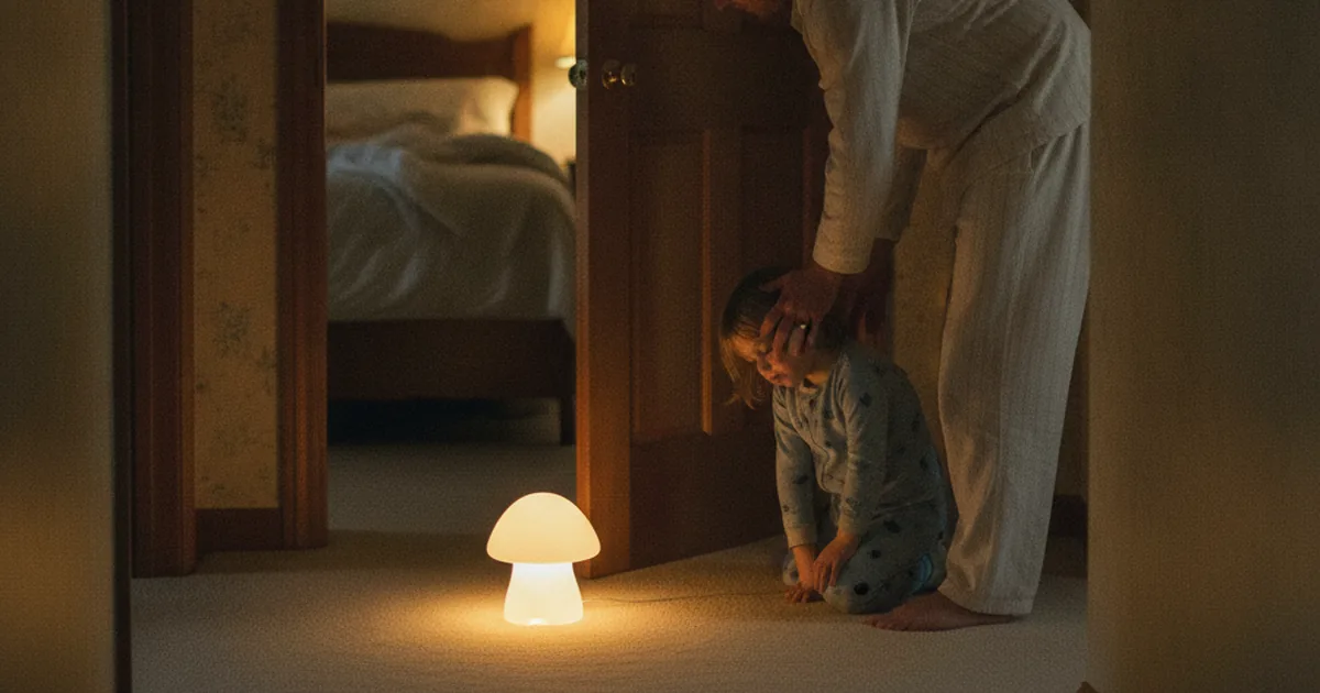 A parent gently guiding a sleepwalking child back to bed in a dim, calm hallway at night