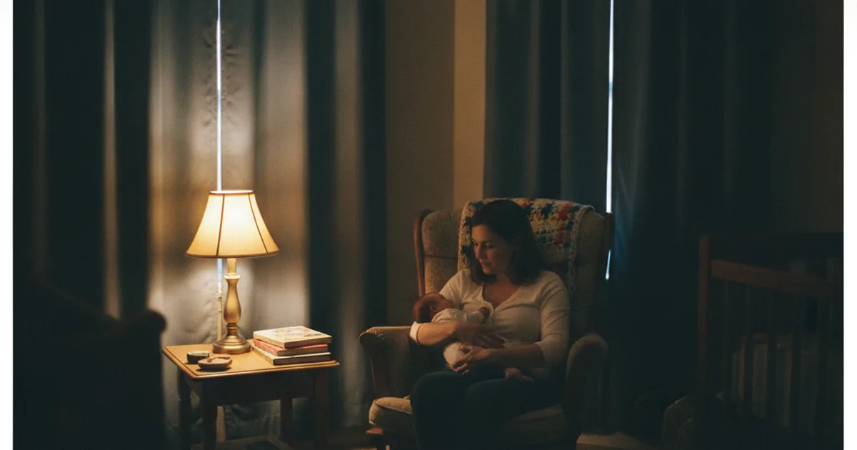 A mother gently holds her sleeping newborn in a dim, quiet nursery at night, a small soft lamp glowing in the background.