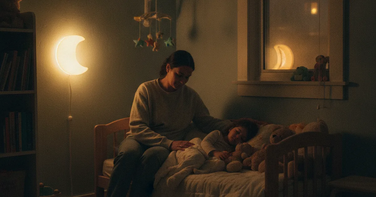 A parent sitting calmly at the edge of a child's bed in a dim, warmly lit bedroom at night, offering quiet reassurance