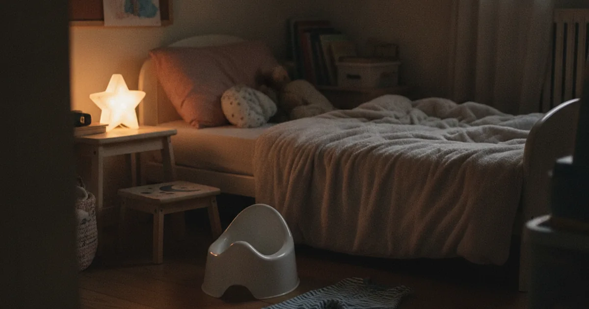A small training potty and nightlight beside a child's bed in a dim, calm bedroom at night