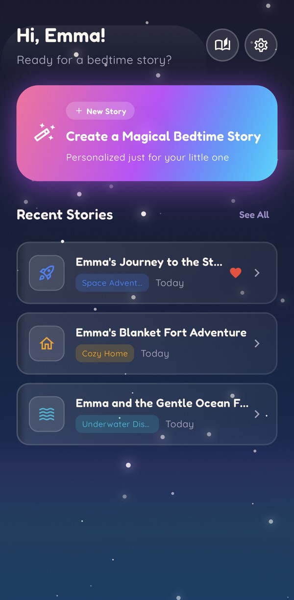 Sleepy Spell app showing personalized bedtime story creation