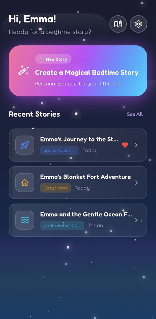 Sleepy Spell home screen showing personalized greeting and story creation