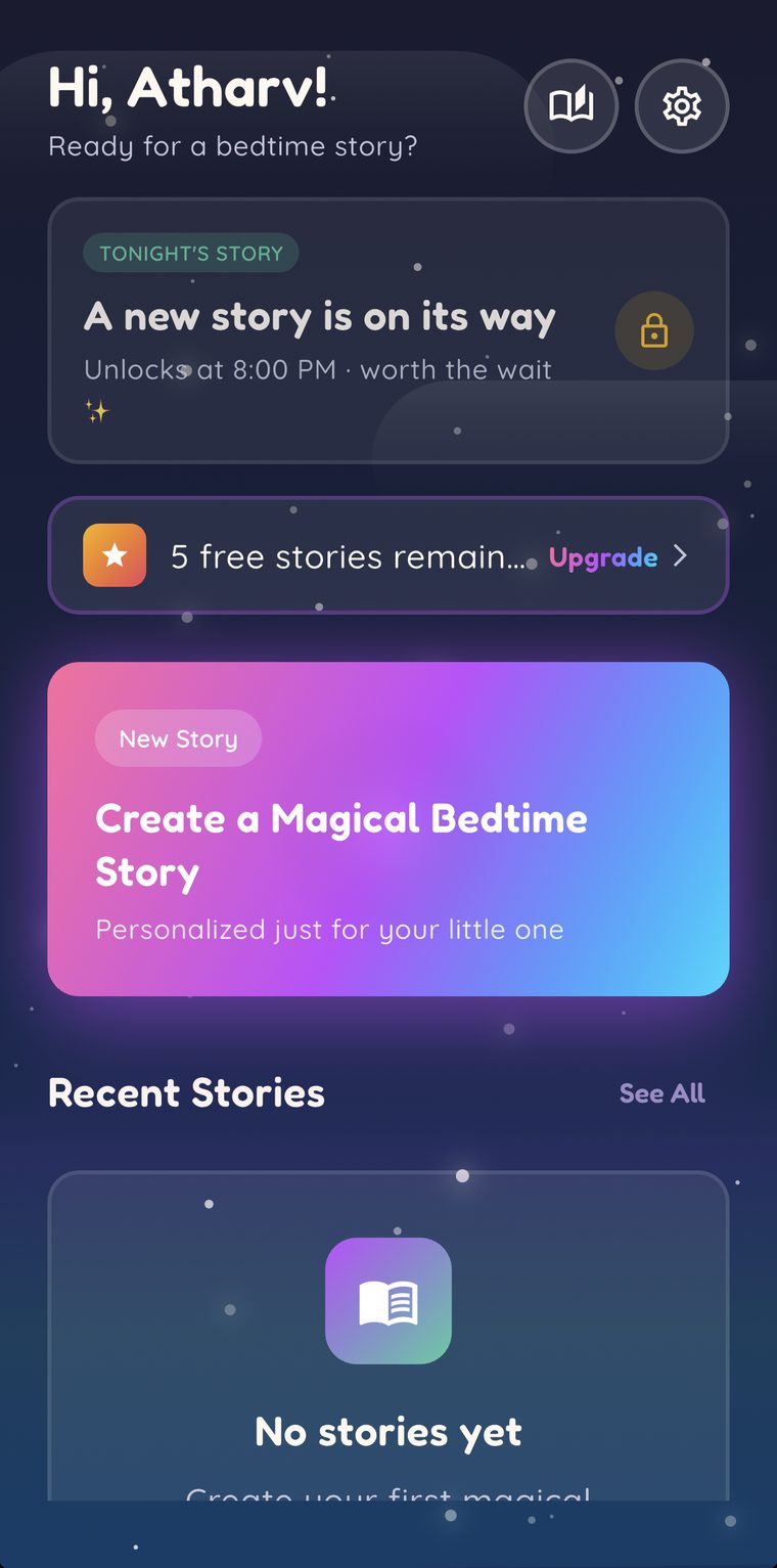 Sleepy Spell home screen showing the Tonight's Story card: a new story on its way, unlocking at 8:00 PM