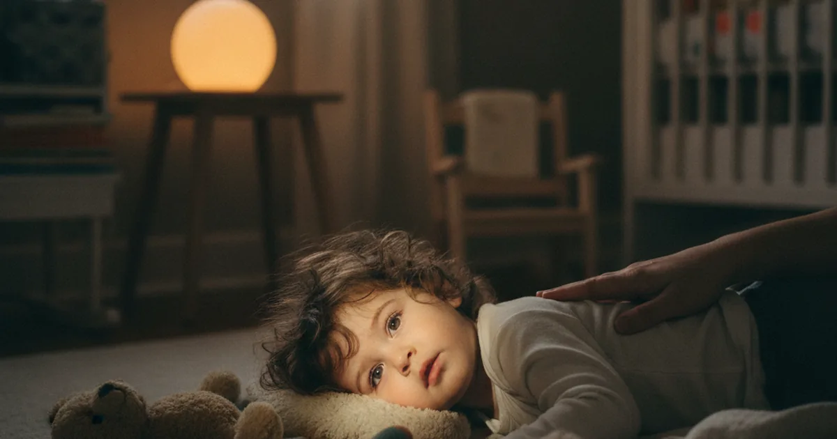 A wide-awake young child lying on the floor of a dim nursery at night, still alert well past bedtime, the kind of stimulated, hard-to-settle state screens before bed can contribute to