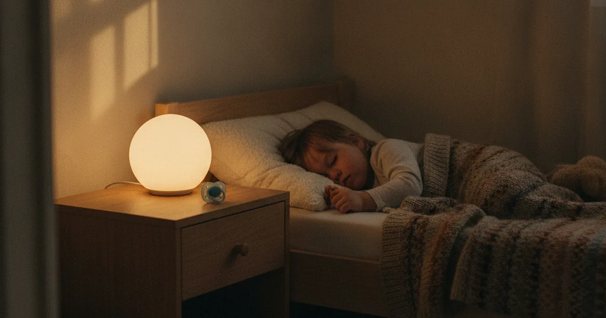 A toddler sleeping peacefully in a dim nursery, hand resting near a nightlight, with a single pacifier set aside on the nightstand